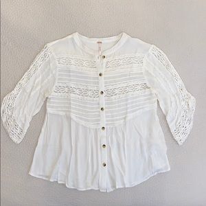 Free People Ivory Pintuck Crochet Inset Buttondown Tunic Size XS